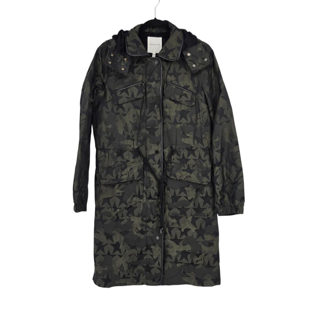 NWOT Avec Les Filles Green Star Camo Print Hooded Long Anorak Rain Jacket Sz XS